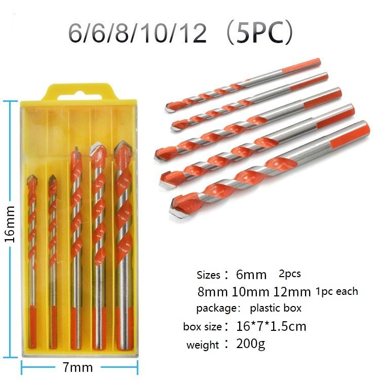 5PCS Drills Set Carbide Tip Multifunction Drill Bits Set with Red Flute Coating for Drilling Stone, Concrete, Wood, Plastic, Brick and Tiles (SED-MTD-S5R)