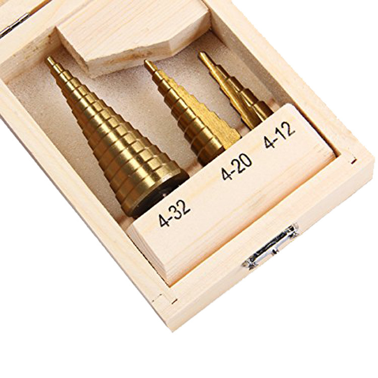 3PCS HSS Drills Set Flat Shank Tin-Coated HSS Step Drill Bits Set in Wooden Box (SED-SD3-FT)