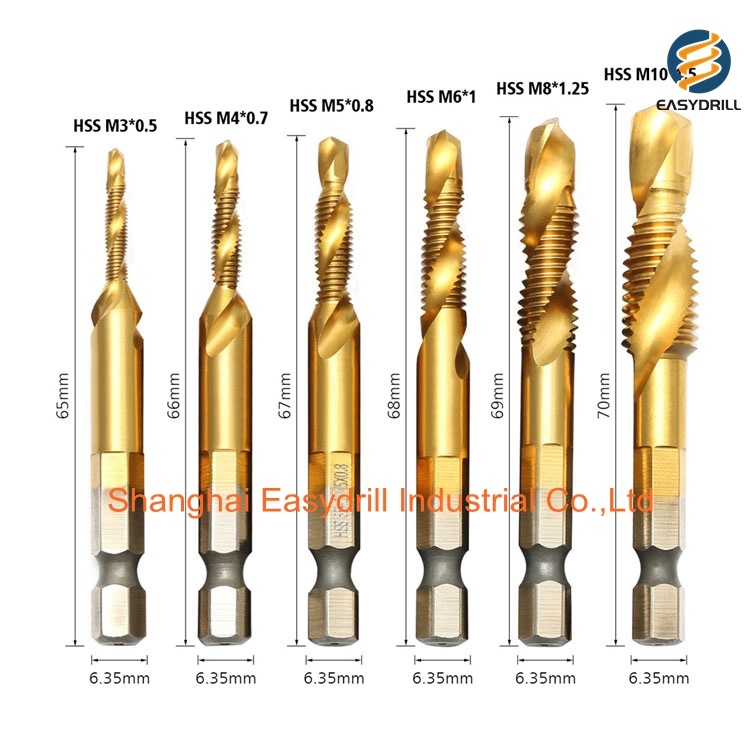 6PCS 3 in 1 Multi Purpose HSS Drills Taps Countersink Combination Drills HSS Twist Drill Bit for Metal Drilling Tapping (SED-CDBS6)