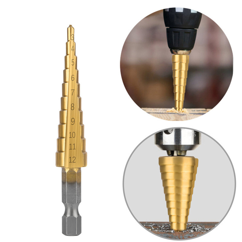 3PCS HSS Drills Set Metric Hex Shank Straight Flute Cone Titanium HSS Step Drill Bit Set for Metal Tube Sheet Drilling in Nylon Bag (SED-SD3-STH)