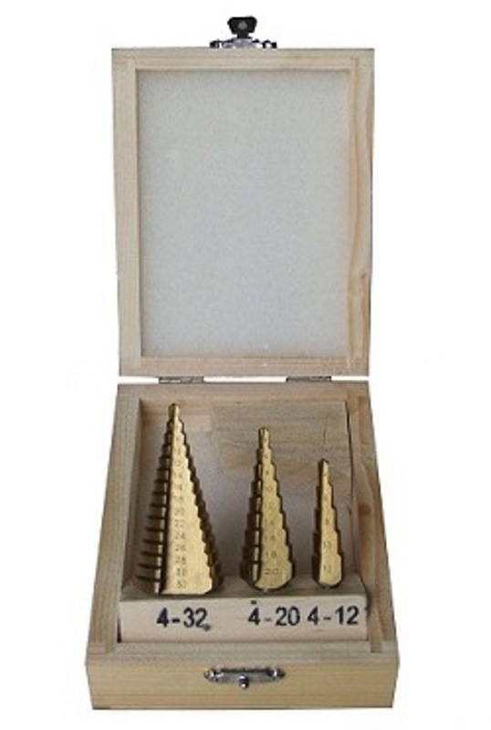 3PCS HSS Drills Set Flat Shank Tin-Coated HSS Step Drill Bits Set in Wooden Box (SED-SD3-FT)