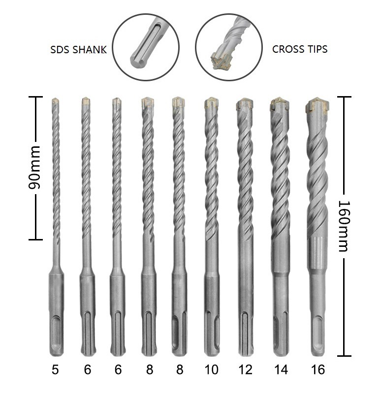 9PCS Cross Tips SDS Drills Set SDS Plus Shank Drill Bits with Double Flutes (SED-SPC9)