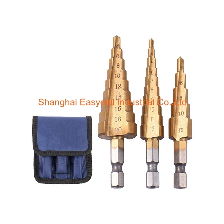 3PCS HSS Drills Set Tin-Coated Straight Flute HSS Step Drill Bits with Hex Shank (SED-SD3-TCS)