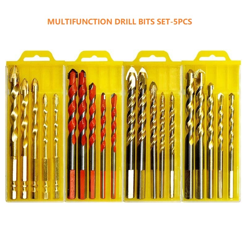 5PCS Drills Set Carbide Tip Multifunction Drill Bits Set with Red Flute Coating for Drilling Stone, Concrete, Wood, Plastic, Brick and Tiles (SED-MTD-S5R)
