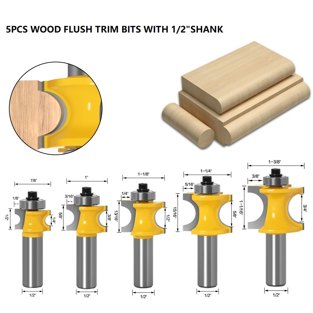 Half Round Woodworking Flush Trim Bits Wood Router Bits Set Wood Hole Cutter (SED-FT-HR)