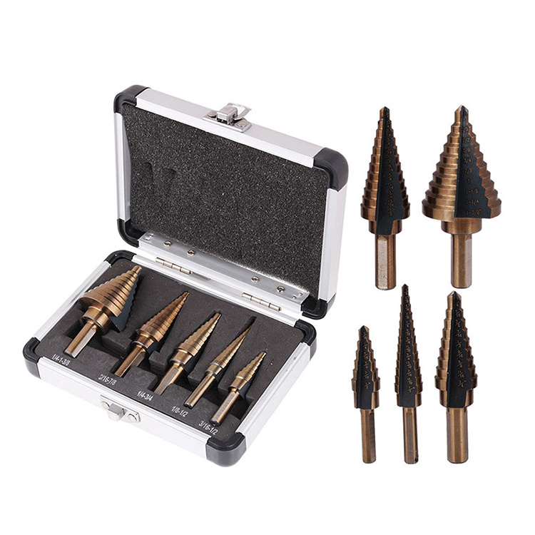 5PCS HSS Drills Set Inch Tri Flat Shank Straight Flute Black&Amber HSS Step Drill Bit for Multiple Hole in Aluminum Case (SED-SF-BA)