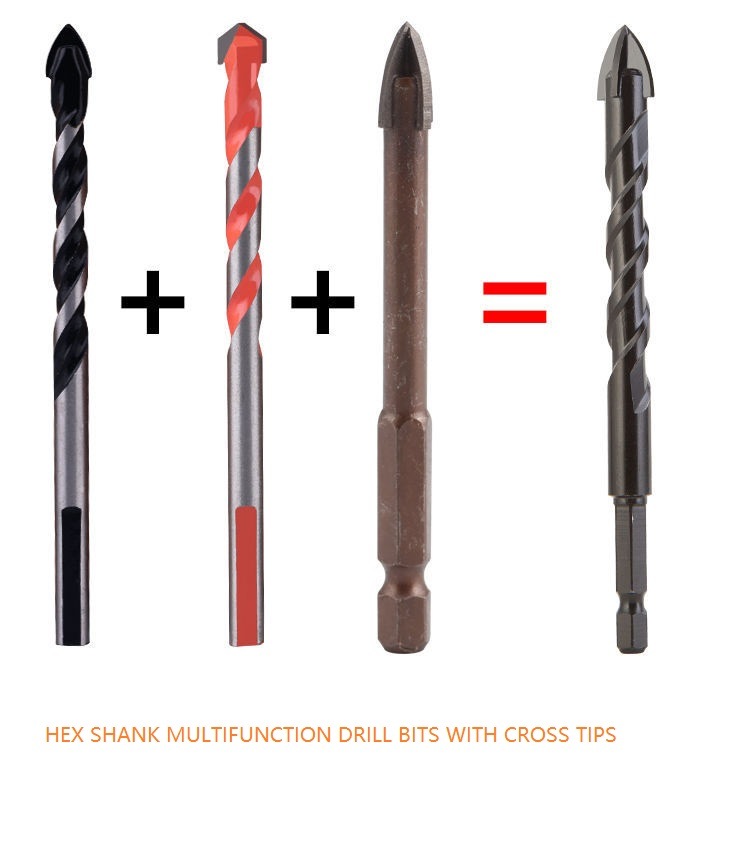 Hex Shank Carbide Cross Tips Multifunction Twist Drill Bits with Black Oxide for Cutting Stone, Concrete, Glass, Wood etc (SED-MTD-HCTB)