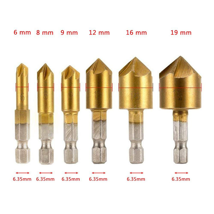 6PCS Cylindrical Shank 3 Flute HSS Countersink Drill Bit Set in Plastic Case for Metal (SED-CS3F-6)