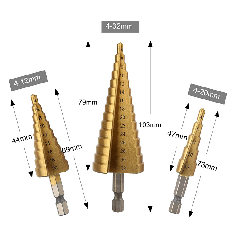 3PCS HSS Drills Set Metric Hex Shank Straight Flute Cone Titanium HSS Step Drill Bit Set for Metal Tube Sheet Drilling in Nylon Bag (SED-SD3-STH)