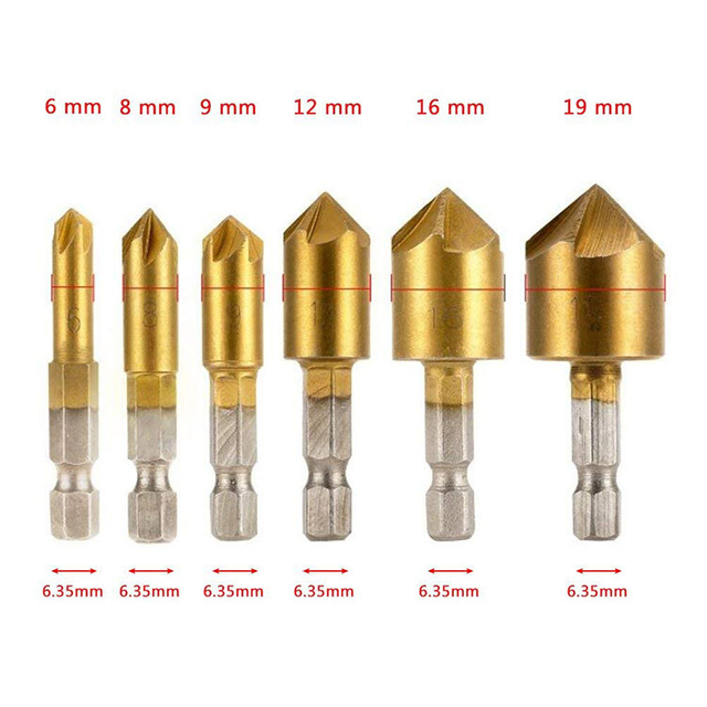 6PCS Hex Shank 90 Degree 5 Flutes HSS Countersink Drill Bit Set for Metal Deburring (SED-CS5F-6)