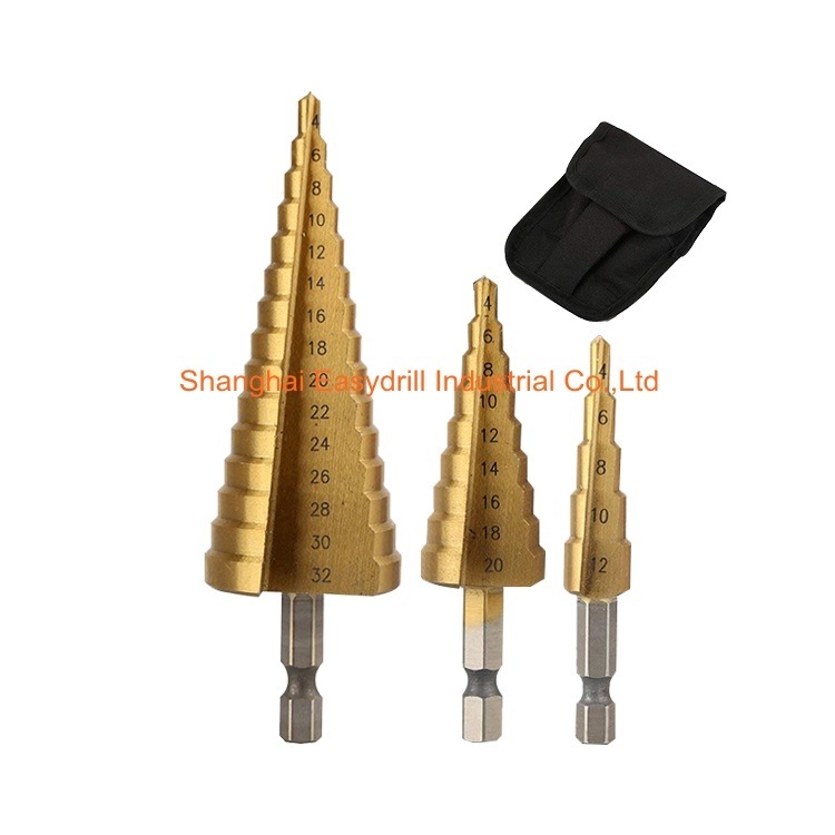 3PCS HSS Drills Set Tin-Coated Straight Flute HSS Step Drill Bits with Hex Shank (SED-SD3-TCS)