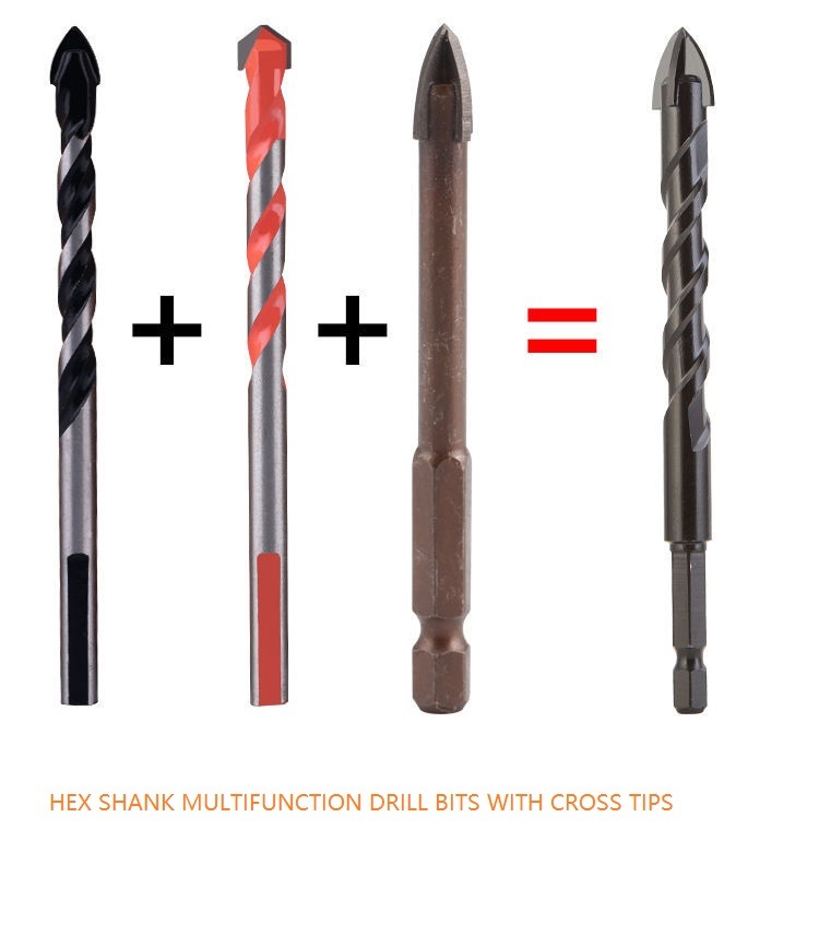 Hex Shank Carbide Cross Tips Multifunction Twist Drill Bits with Tin-Coated for Cutting Stone, Concrete, Glass, Wood etc (SED-MTD-HCT)