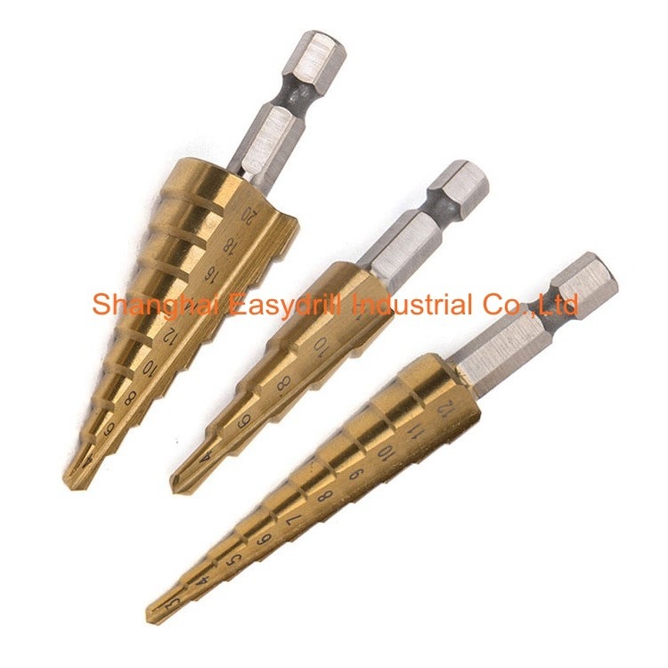 3PCS HSS Drills Set Metric Hex Shank Straight Flute Cone Titanium HSS Step Drill Bit Set for Metal Tube Sheet Drilling in Nylon Bag (SED-SD3-STH)