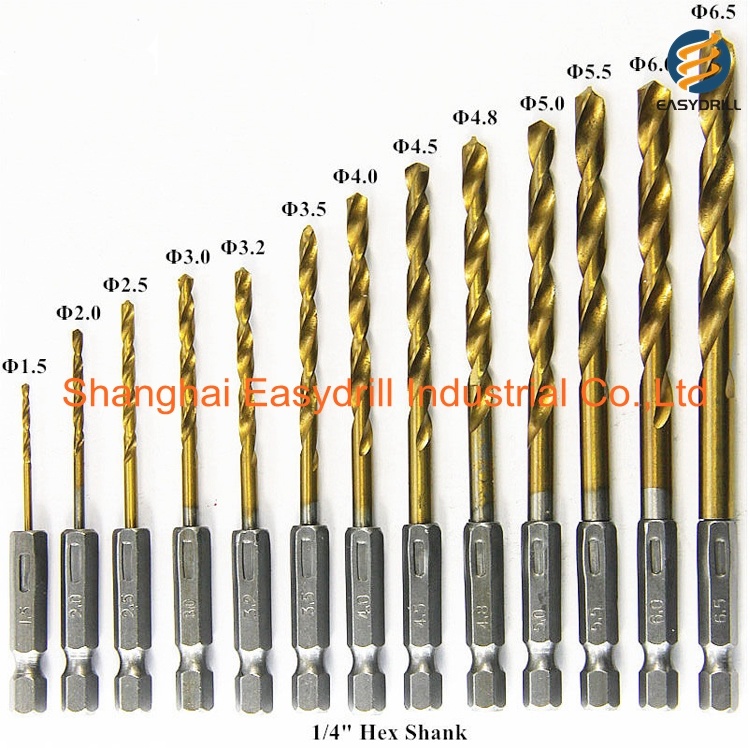 13 PCS Inch Jobber Length Drills Set Hex Shank Titanium HSS Twist Drill Bit Set for Metal Stainless Steel in Double Blister Card (SED-DBS13-1)