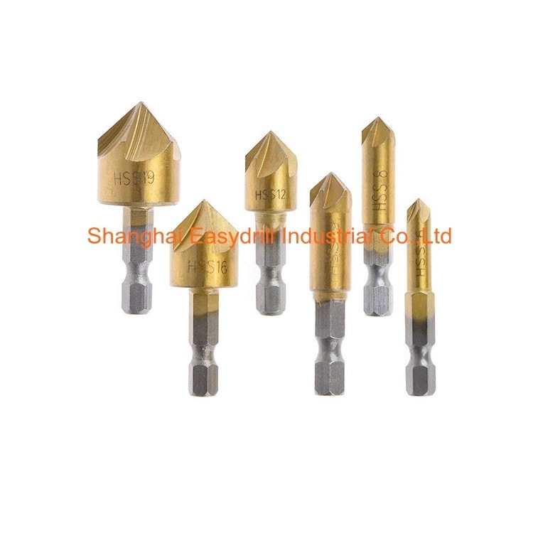 3PCS Hex Shank 90 Degree 5 Flutes HSS Countersink Chamfering Drill Bit Set for Metal Deburring (SED-CS5F-3)